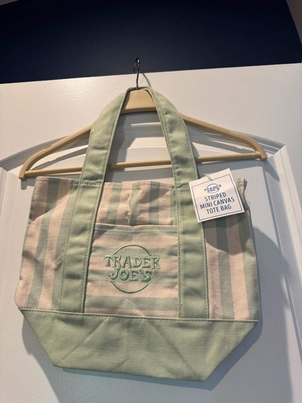 NWT! Trader Joe's light green& Cream Striped Mini Canvas Tote